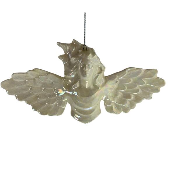 Vintage Iridescent Ceramic Angel Ornament, Outstretched Wings, Christmas 5.75" - Picture 4 of 14